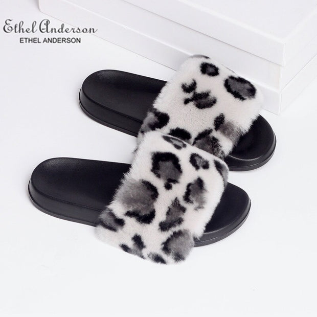 Ethel Anderson Women Real Rex Rabbit Fur Slippers Comfortable Indoor/Outdoor Slides Wholesale Plus Size